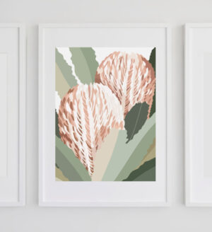 protea art print framed in white frame