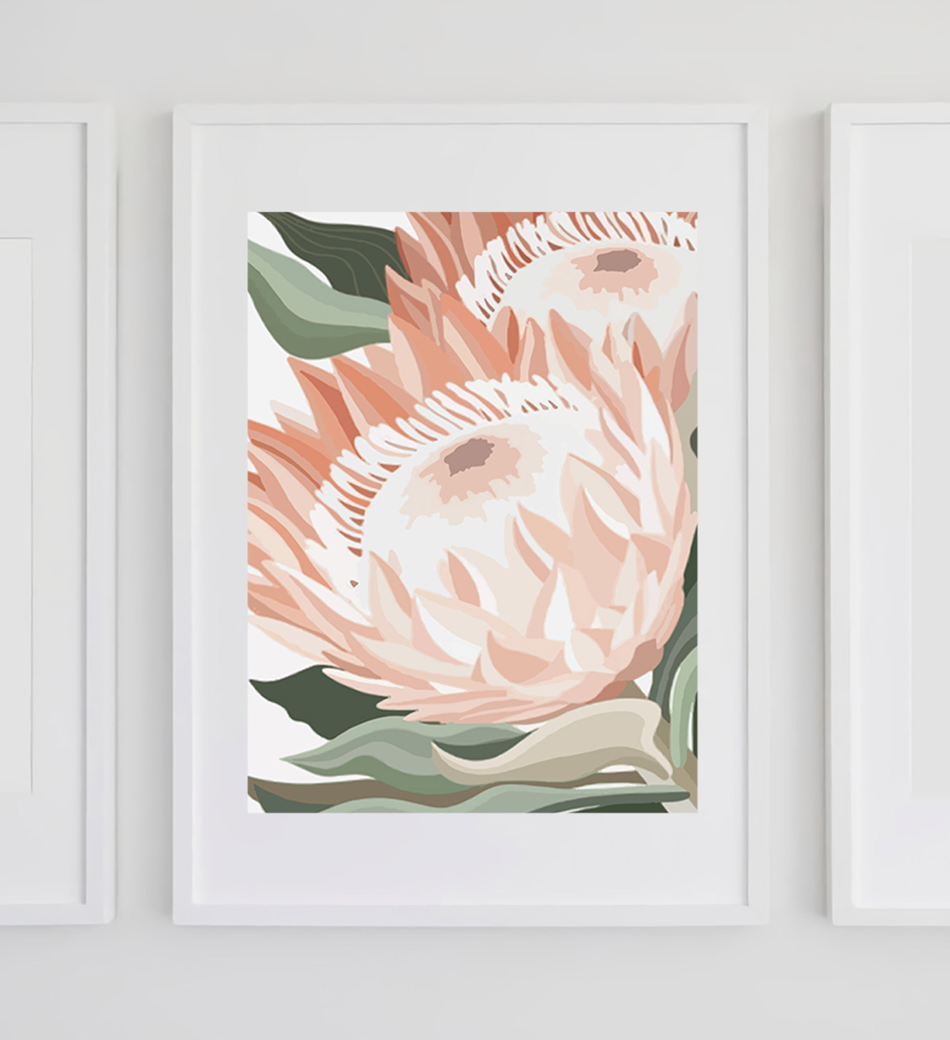 blooming proteas art print in white frame